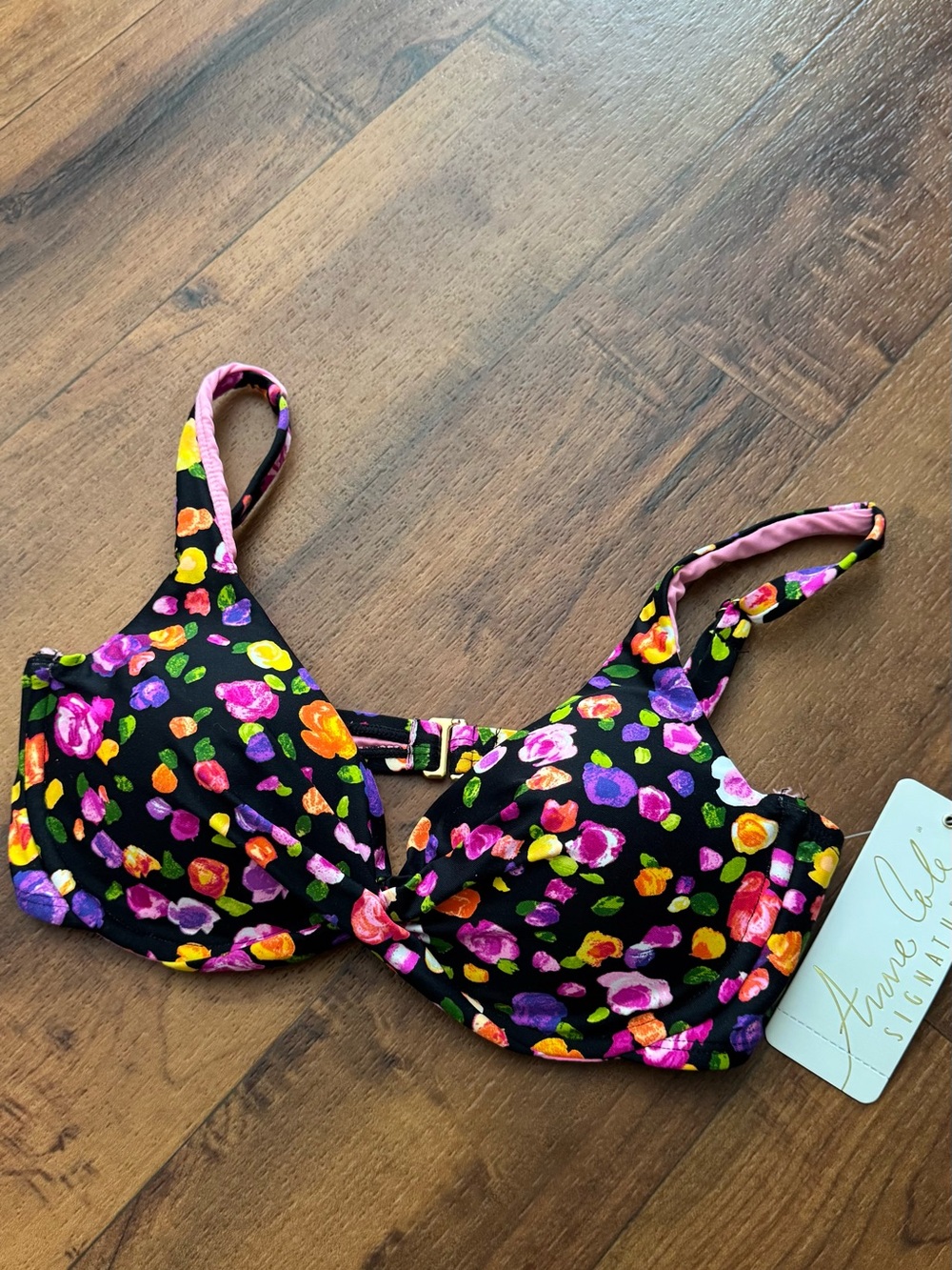 Women’s Anne Cole Black pink purple Floral Padded Push up Bikini Top small NWT
